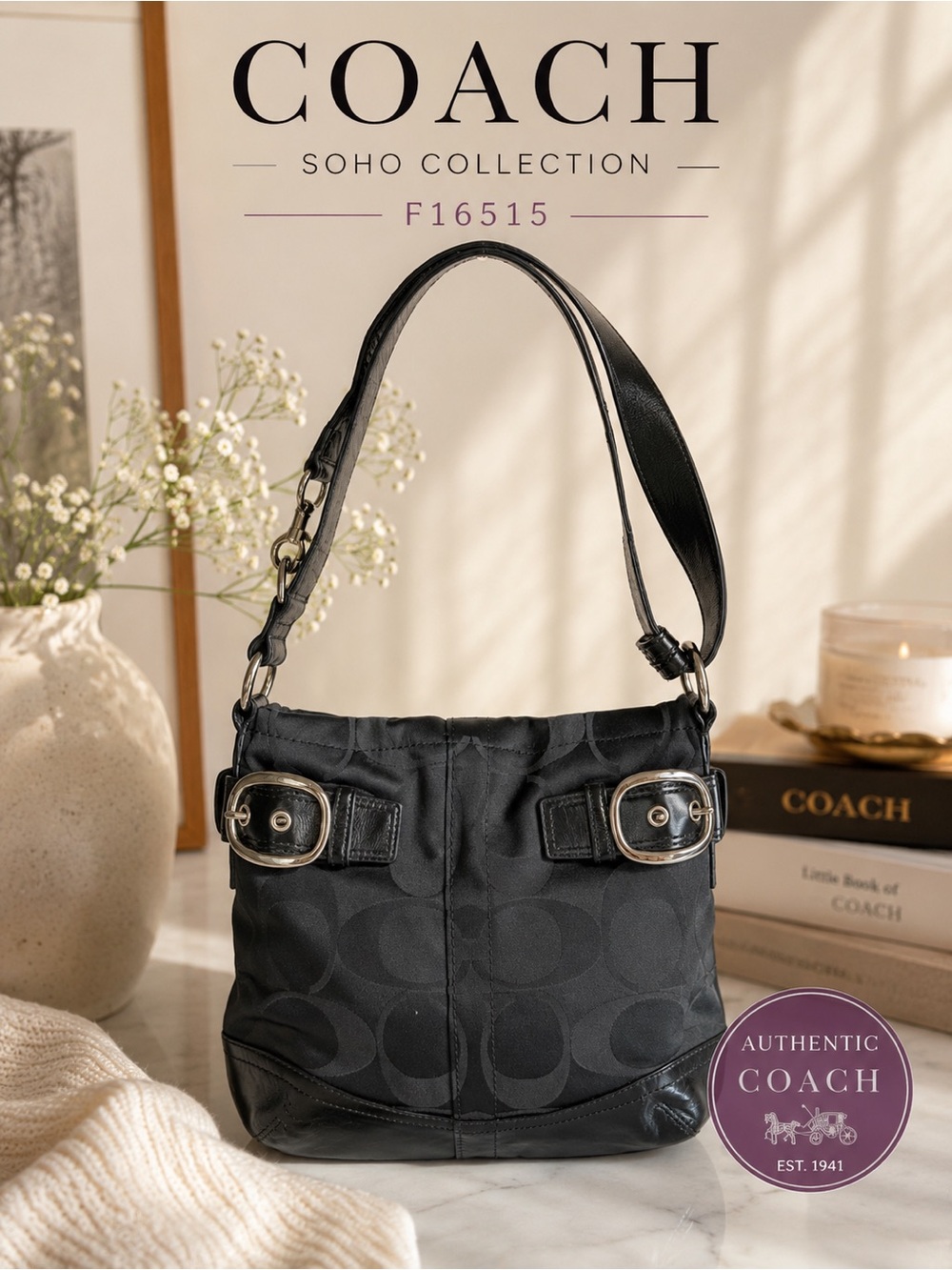 Coach Soho F16515 Black Signature Jacquard Buckle Hobo Shoulder Bag